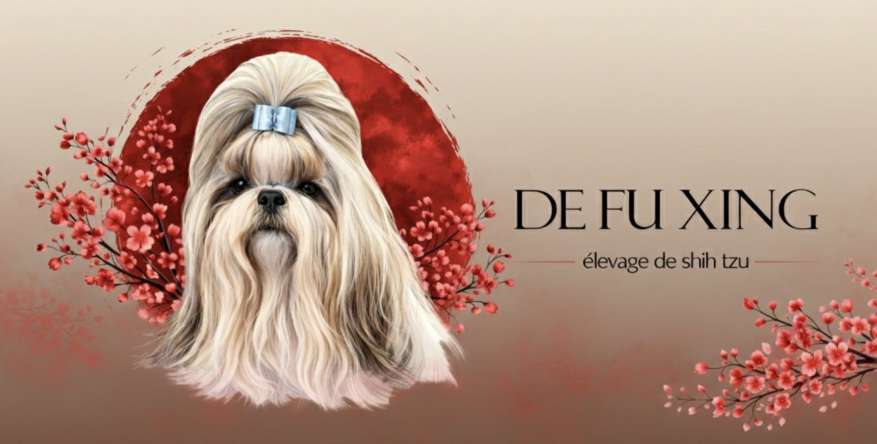 Logo stylisé représentant un chien Shih Tzu de profil, de l'élevage de Fu Xing élément central de la bannière.